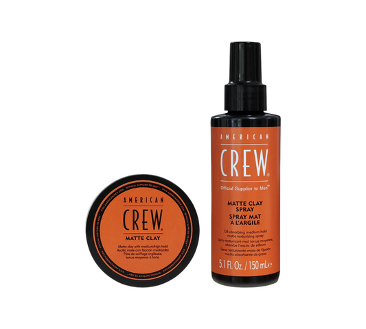 American Crew Matte Clay styling products, including matte clay paste and a bottle of matte clay spray.
